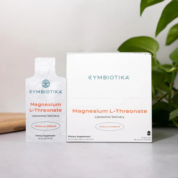 CYMBIOTIKA Magnesium L-Threonate - 30 Pouches in vanilla cream flavor with liposomal delivery dietary supplement packaging
