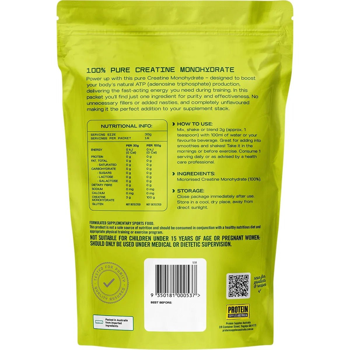 Back of 100% Pure - Creatine Monohydrate - 200g by Protein Supplies Australia showing nutritional info and usage instructions.