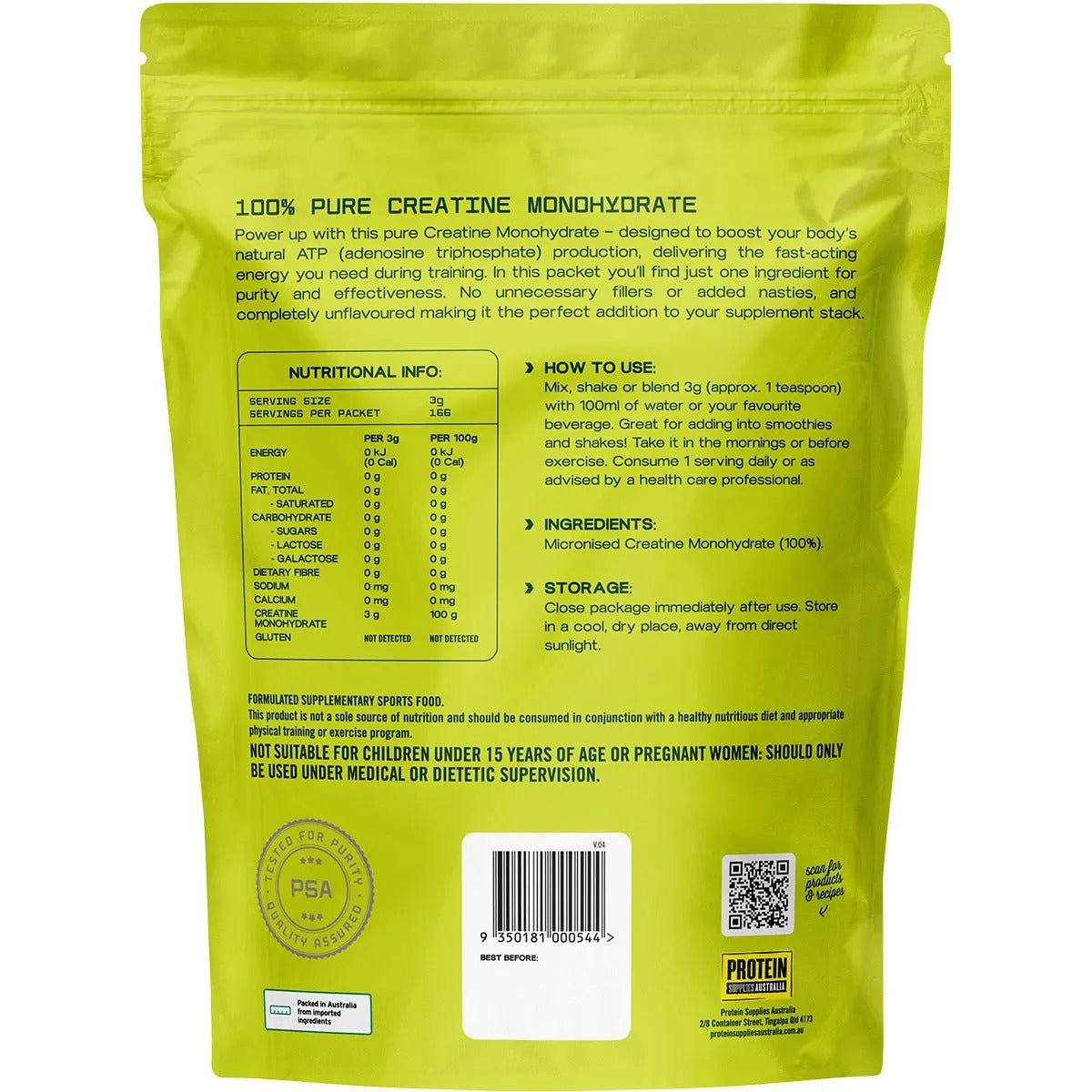 Back of 100% Pure Creatine Monohydrate - 500g by Protein Supplies Australia showing nutrition facts and usage instructions.