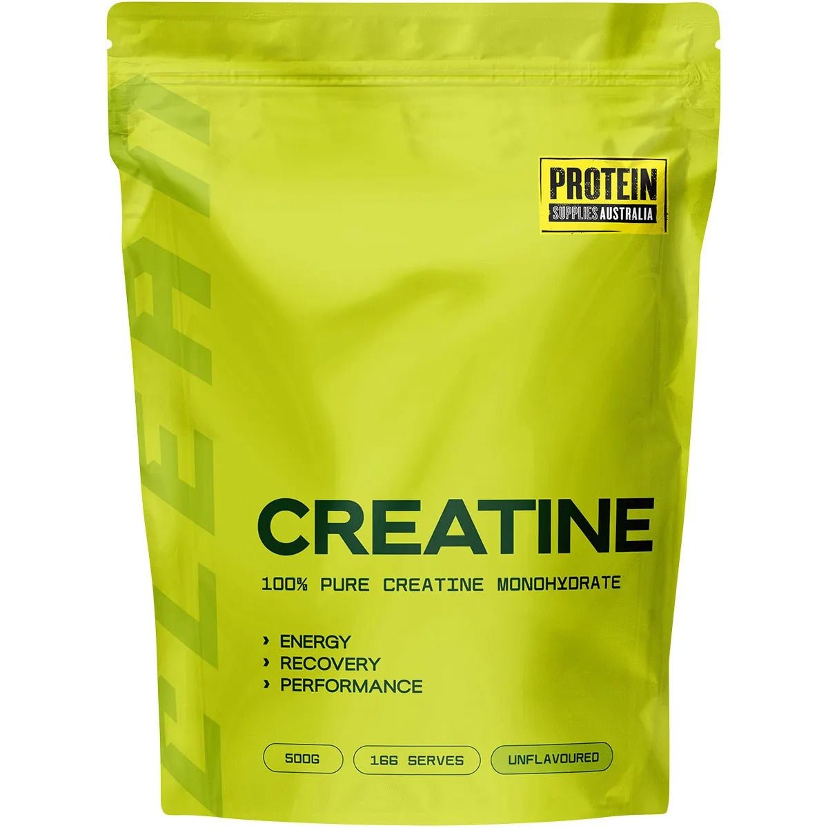 100% Pure Creatine Monohydrate - 500g in yellow resealable pouch by Protein Supplies Australia for energy, recovery, and performance