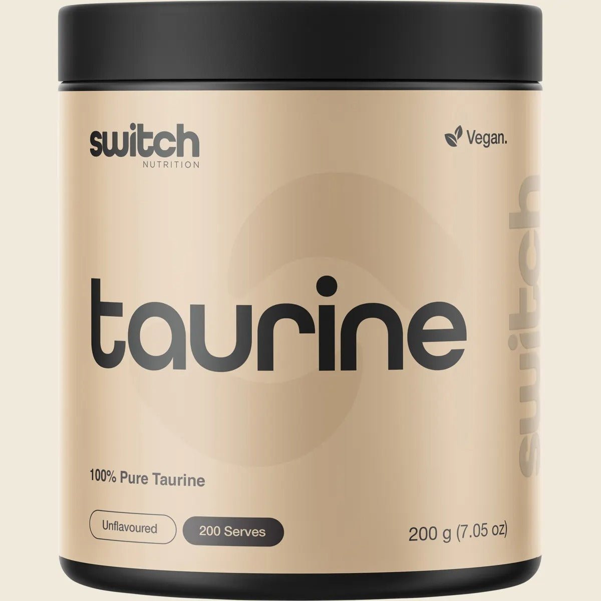 100% Pure Taurine - 200 Serves by Switch Nutrition in beige container, unflavoured vegan supplement powder.