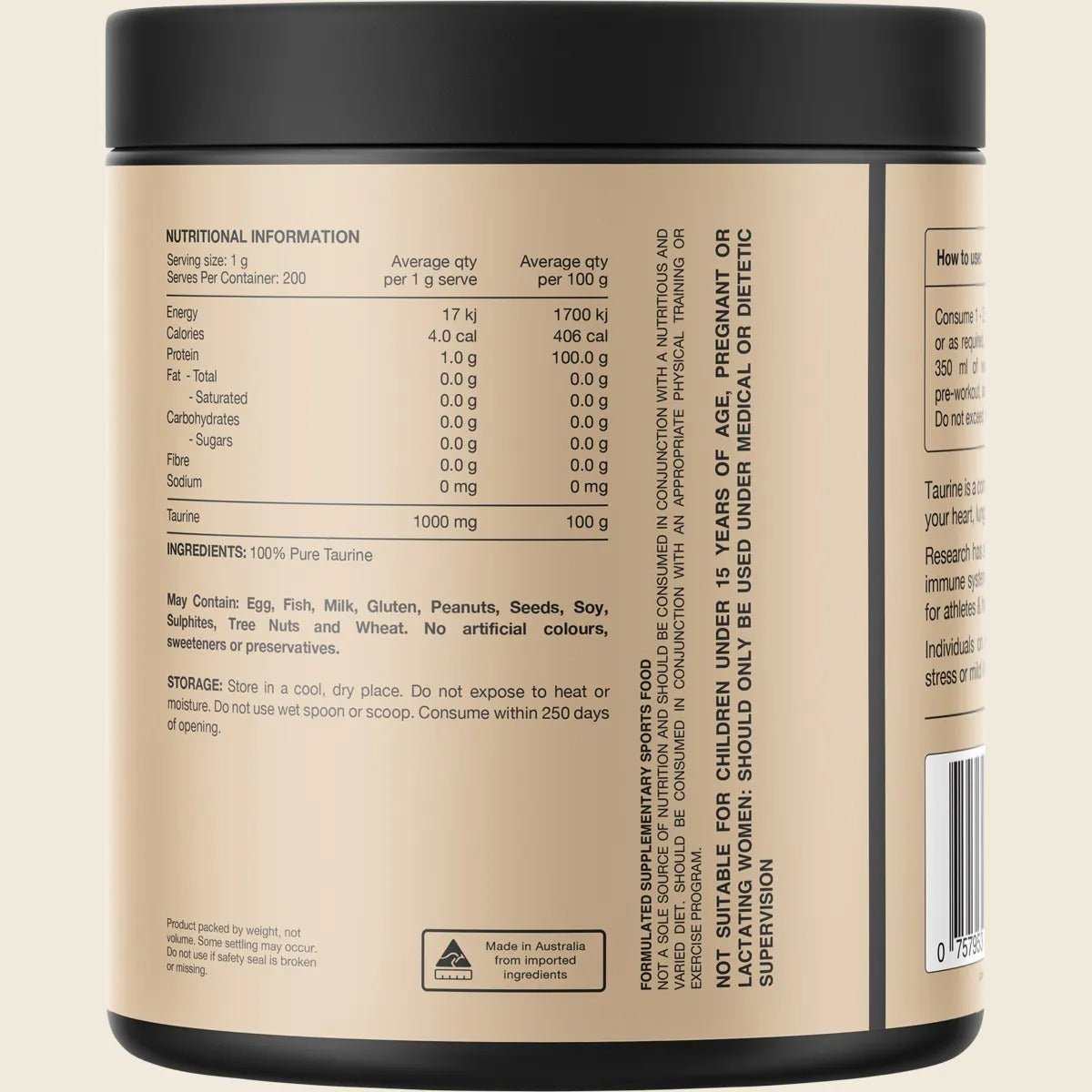 100% Pure Taurine - 200 Serves by Switch Nutrition with detailed nutrition facts and ingredient info on beige container label.