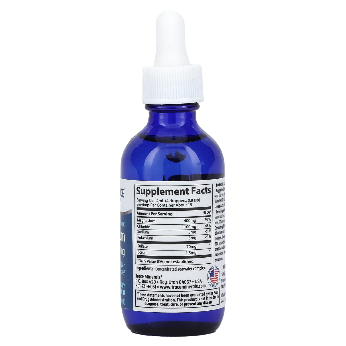Ionic Magnesium - 400mg - 59ml by Trace Minerals in a blue dropper bottle showing supplement facts and ingredients.