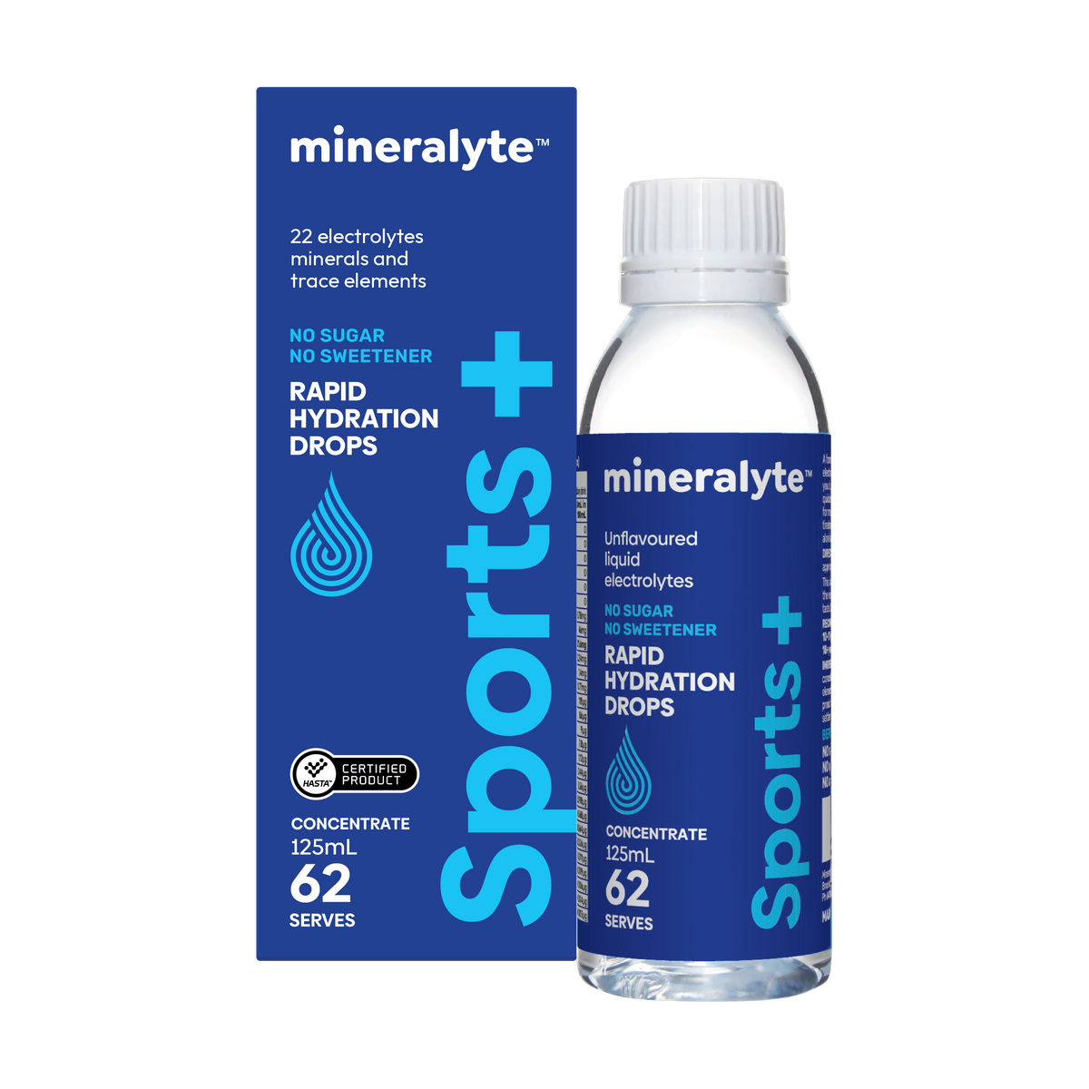 Mineralyte Sports+ unflavoured liquid electrolyte drops, 125 mL bottle and box