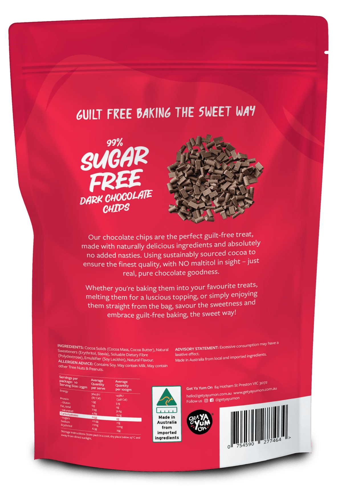 Back view of Get Ya Yum On 99% Sugar Free 65% Dark Chocolate Chips 250g packaging, highlighting keto-friendly, low carb chocolate baking chips made with natural ingredients.