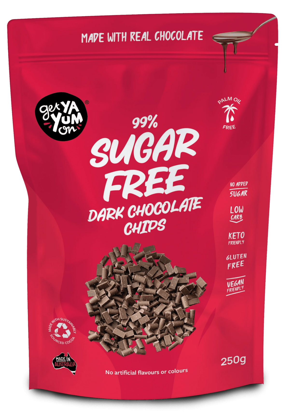 Package of Get Ya Yum On 99% Sugar Free 65% Dark Chocolate Chips 250g featuring keto-friendly, low carb, and vegan dark chocolate with no palm oil.