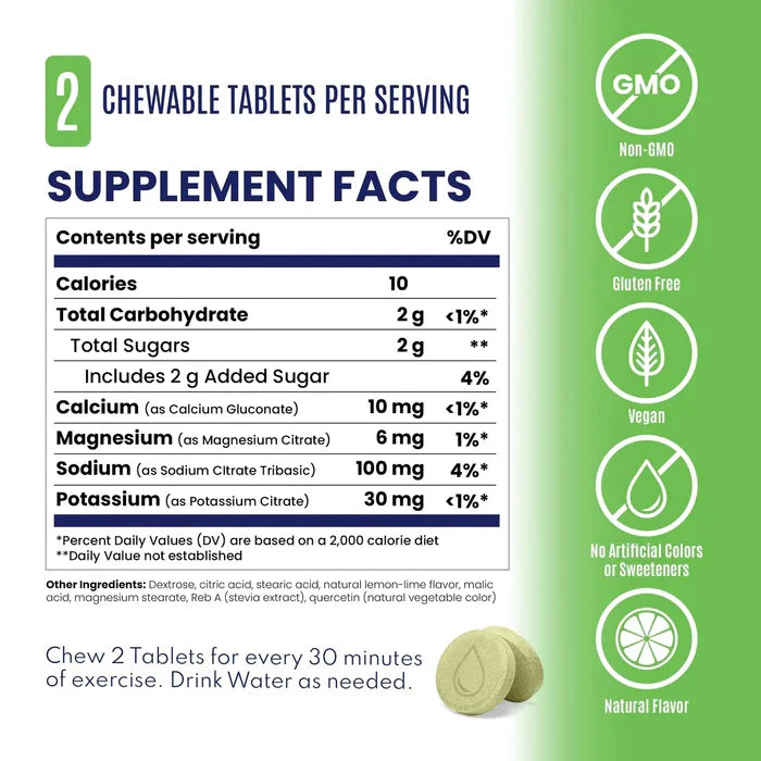 FastChews - Chewable Electrolytes - Lemon Lime - 25 Serves supplement facts with SaltStick branding and health icons.