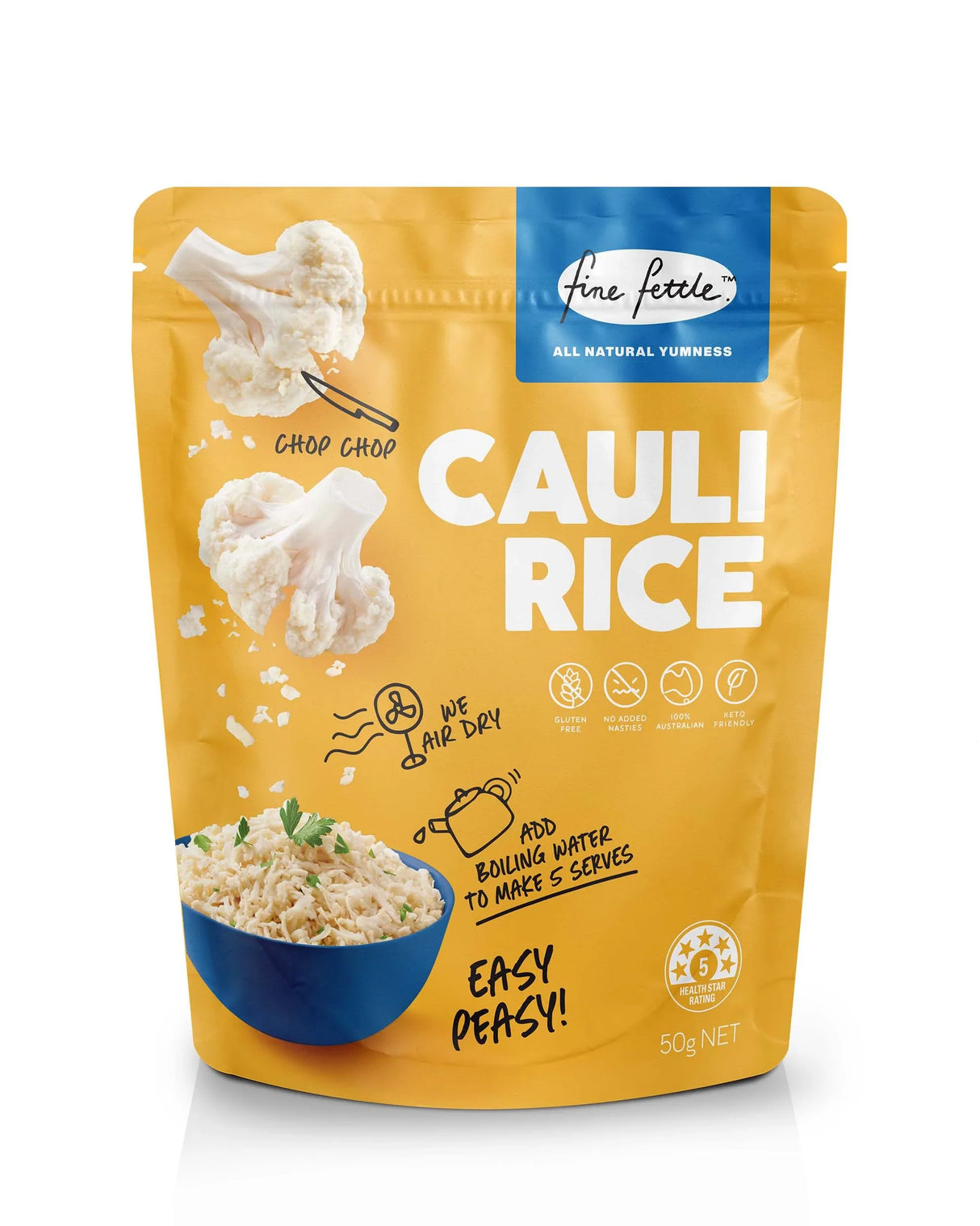 Fine Fettle Cauliflower Rice - 50g keto low carb product made from Australian cauliflower in a yellow pack