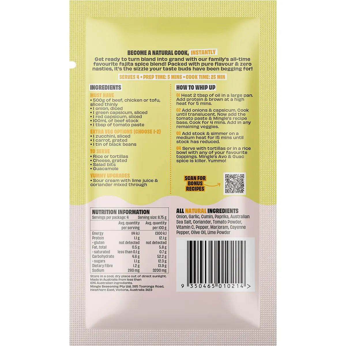 Back of Mingle Mexican Fajita Seasoning - 35g packet with ingredients, preparation, and nutrition details.