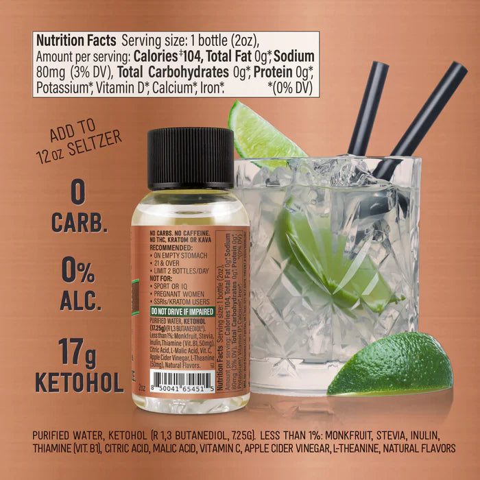Ketohol - Ginger Mule Concentrate - 17g Ketohol - 0% Alcohol bottle with lime and a clear cocktail on wooden surface by Hard Ketones