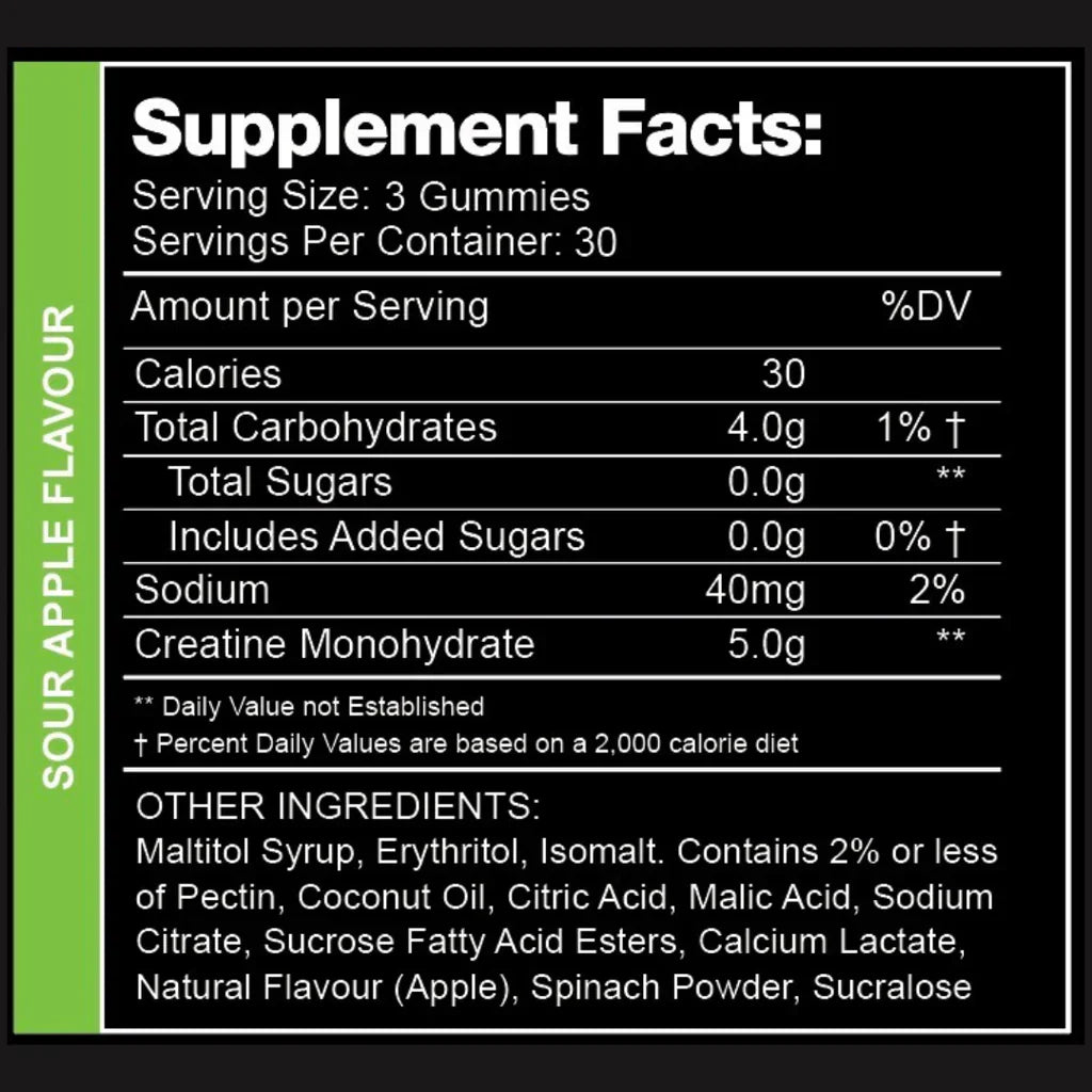 Swoleys Creatine Gummy Bears - Sour Apple supplement facts showing 5g creatine, 4g carbs, and low calories per serving