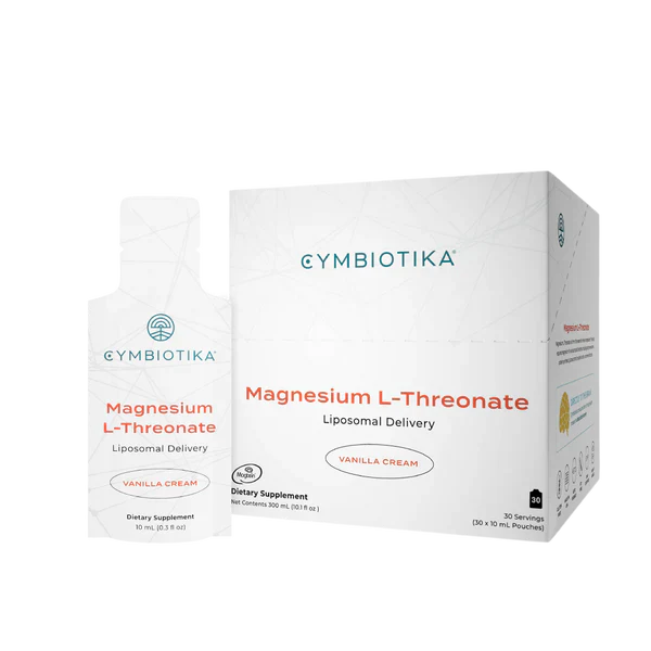 CYMBIOTIKA Magnesium L-Threonate - 30 Pouches in vanilla cream flavor with liposomal delivery dietary supplement packaging