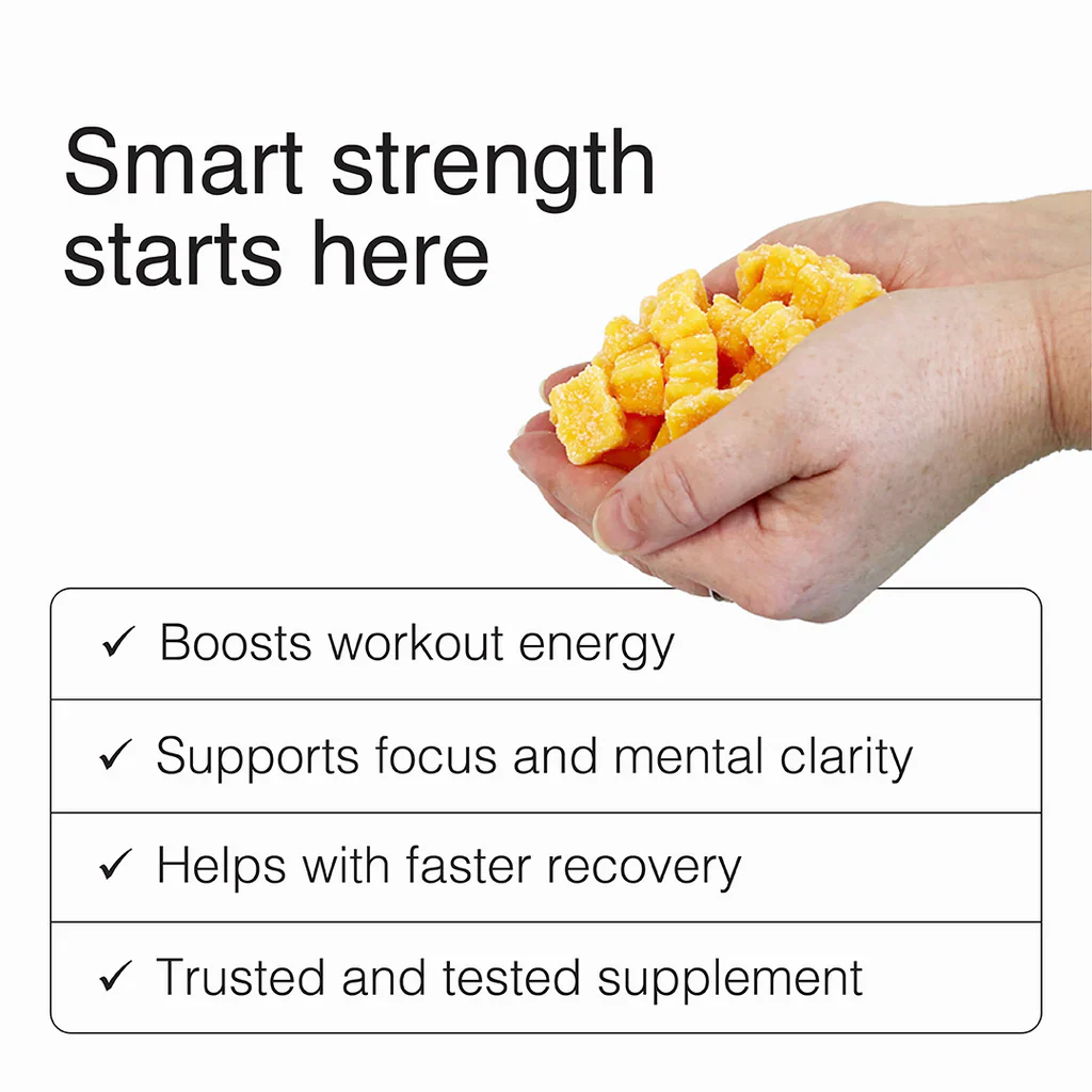 Hand holding Swoleys Creatine Gummy Bears - Sour Peach promoting workout energy, focus, recovery, and trusted supplement benefits