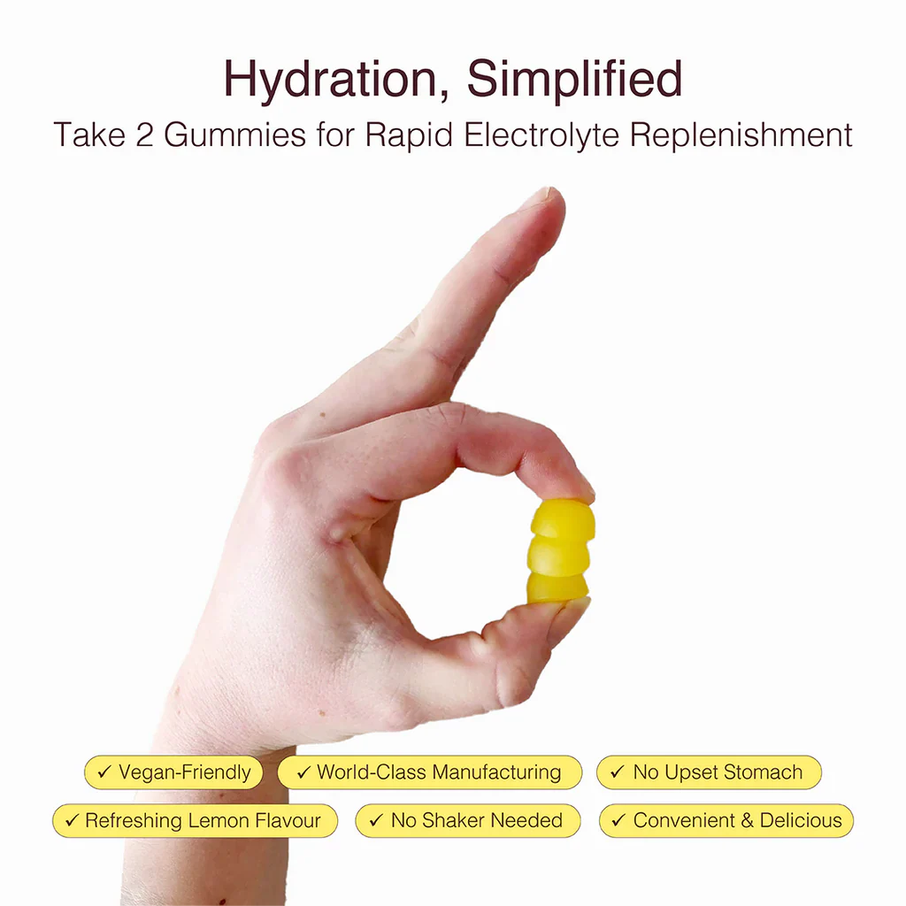 Hand holding a yellow gummy with text promoting LyteBites - Electrolyte Gummies - Lemon Surge by Swoleys for hydration and electrolyte replenishment.