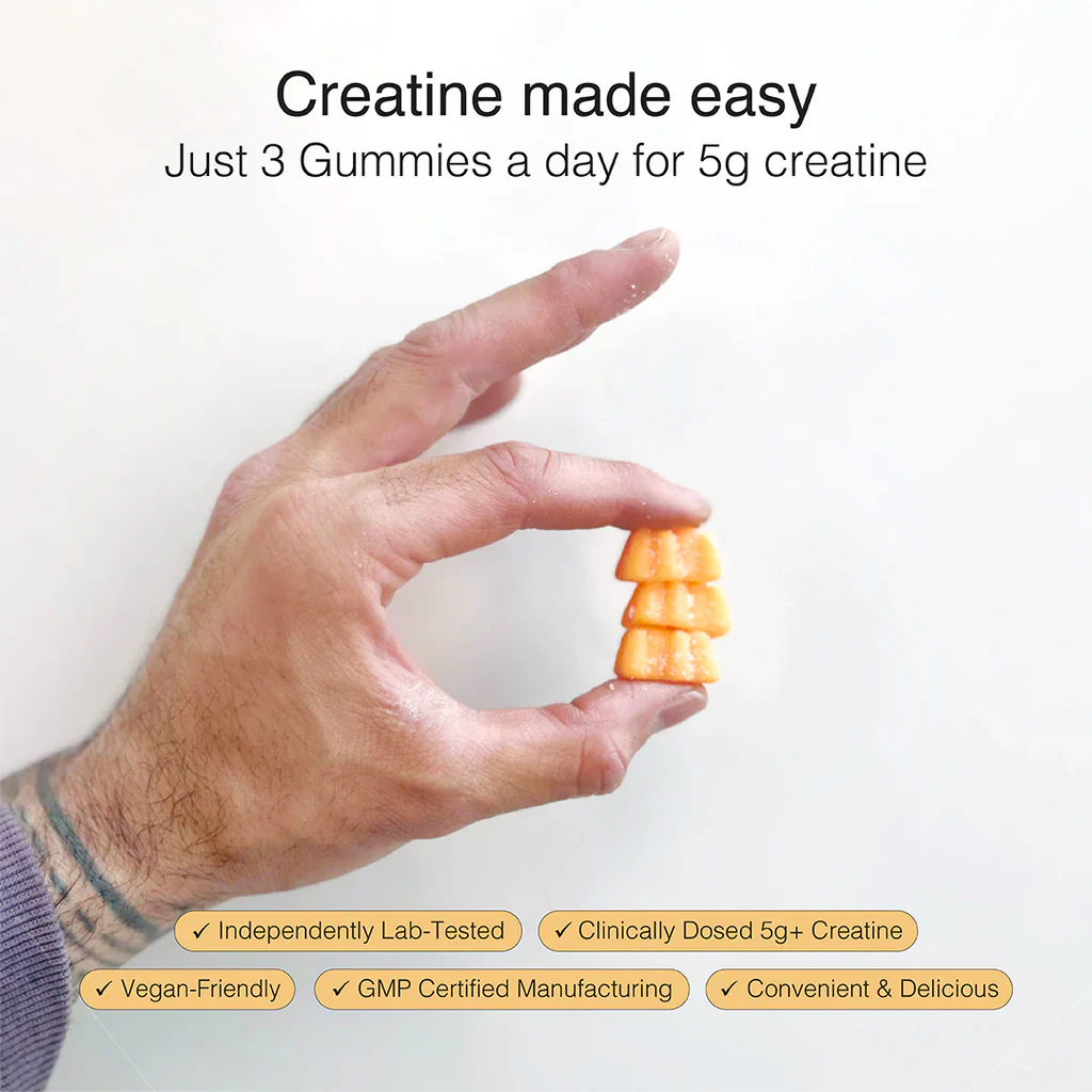 Hand holding three orange sour peach Creatine Gummy Bears by Swoleys with text about 5g creatine dosage and benefits