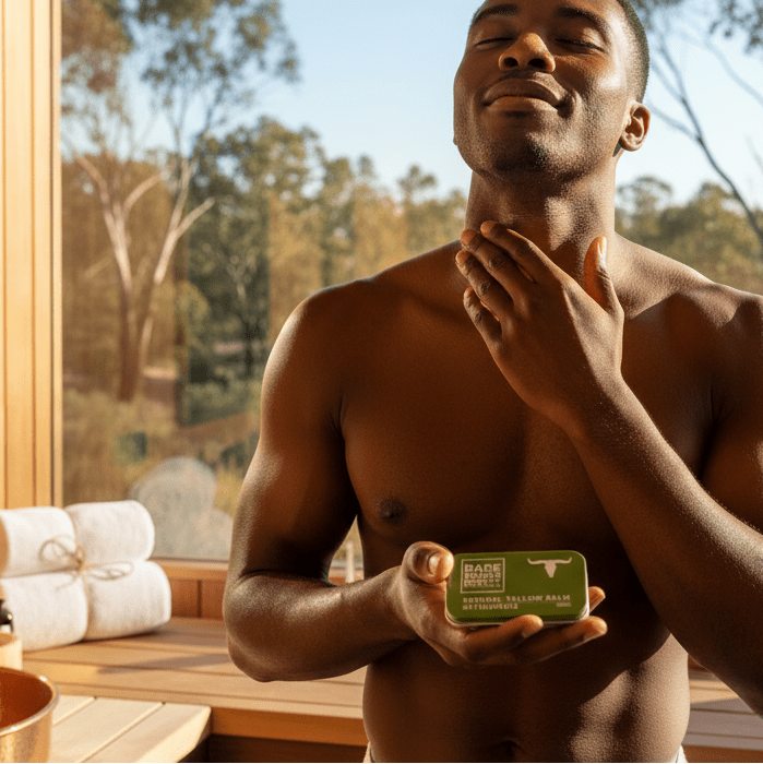 Man applying Aftershave Tallow Balm - 40ml by Bare Bones Beauty in a bright room with wooden sauna and towels nearby