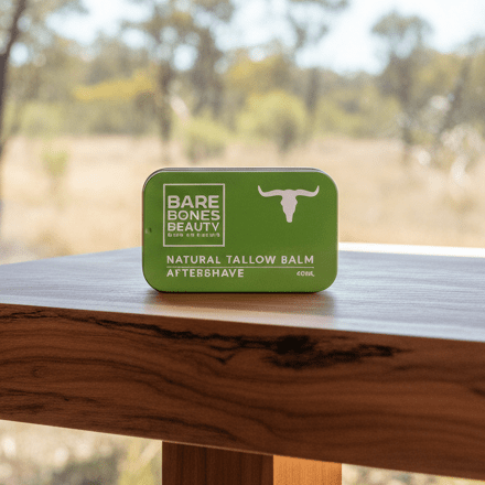 Aftershave Tallow Balm - 40ml by Bare Bones Beauty in green tin, promoting natural skincare from the Animal Fats collection.