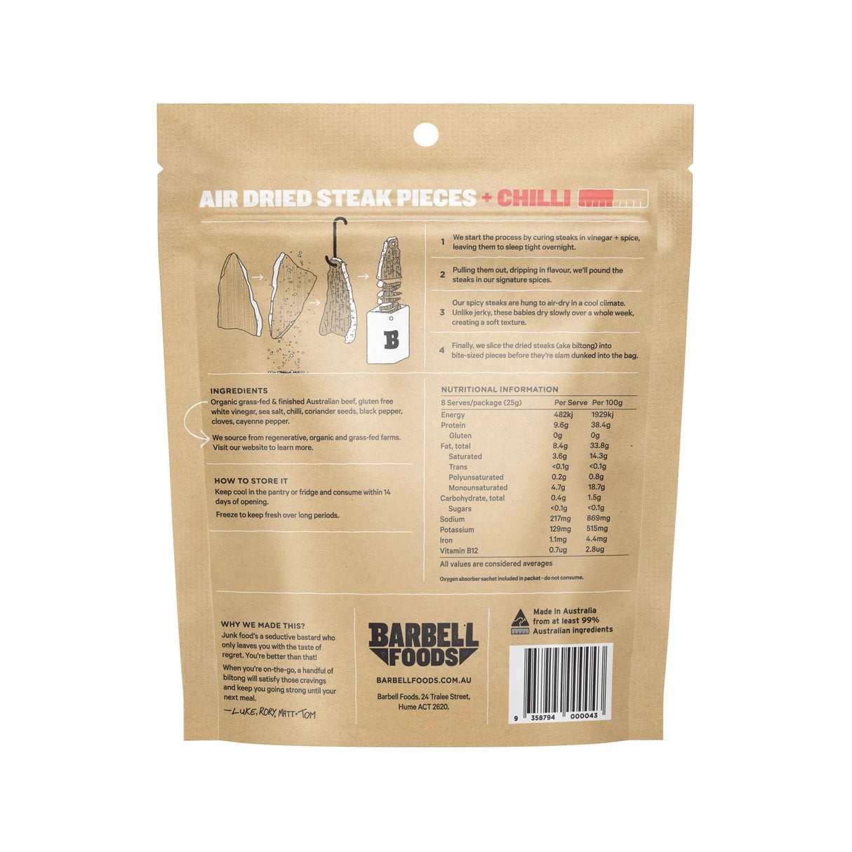 Back of Barbell Foods Air Dried Steak - Chilli - 200g packaging showing ingredients, nutrition, and storage details.
