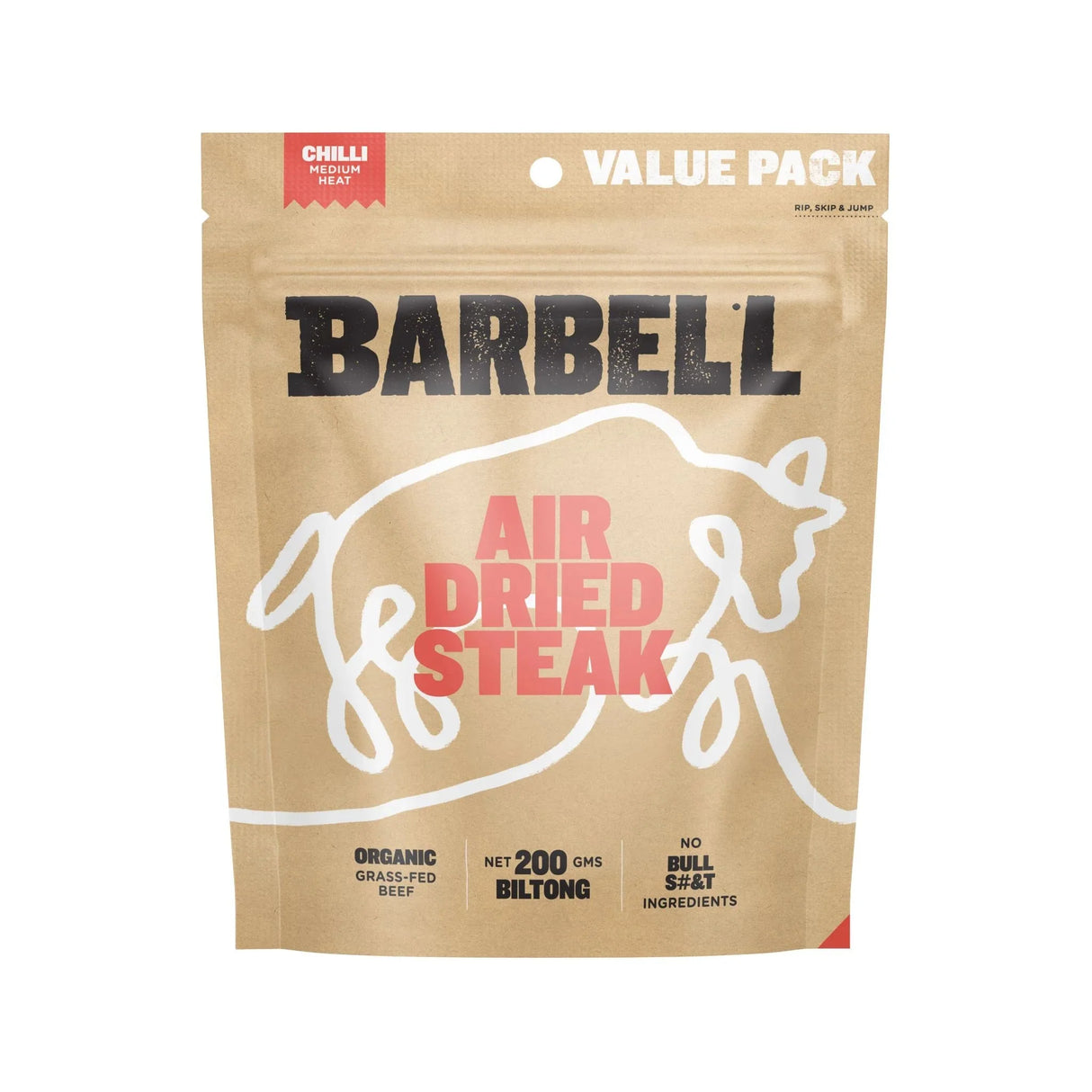 Air Dried Steak - Chilli - 200g by Barbell Foods in kraft pouch includes organic grass-fed biltong with medium heat chili flavor.