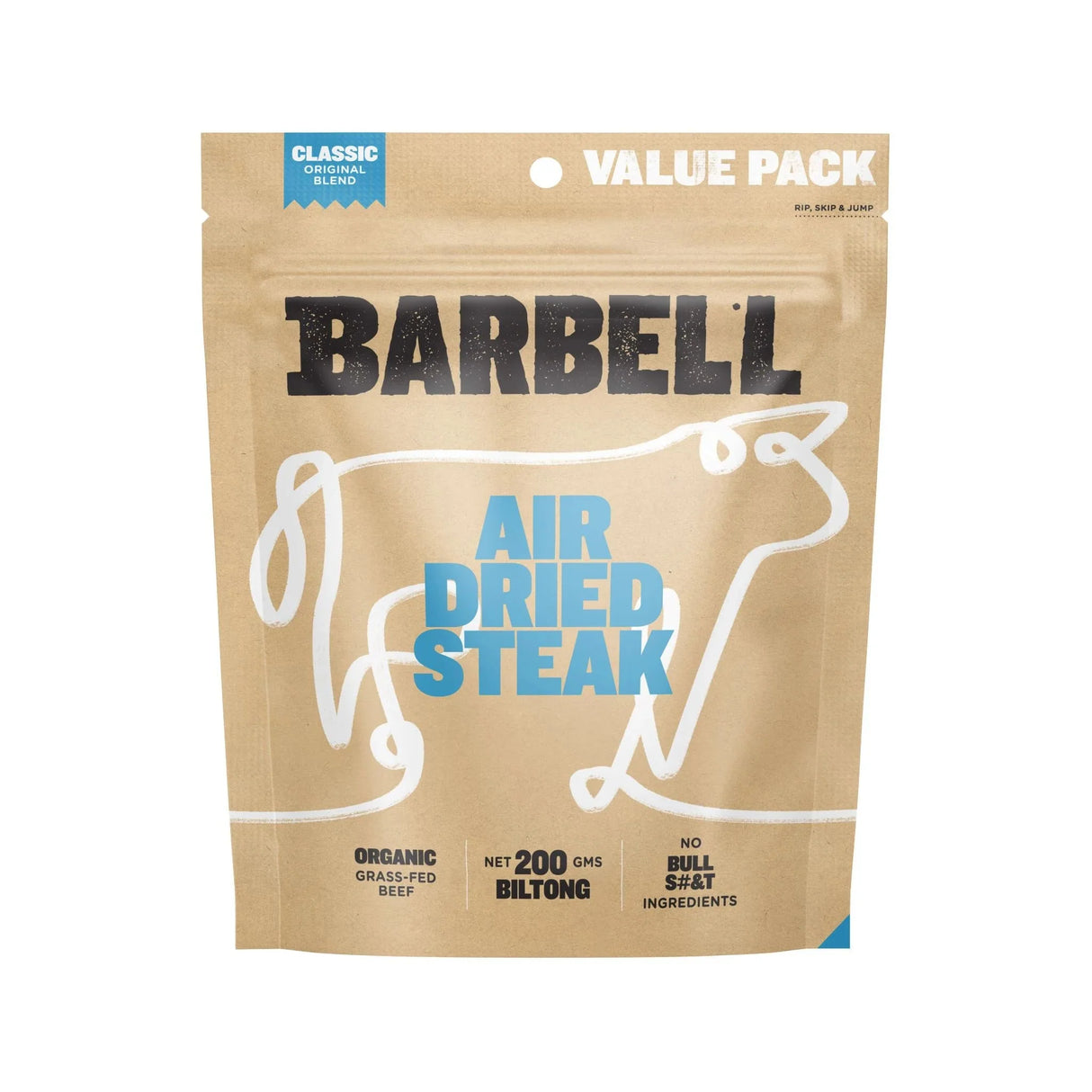 Air Dried Steak - Classic - 200g by Barbell Foods in a brown resealable pouch with bold branding and blue accents