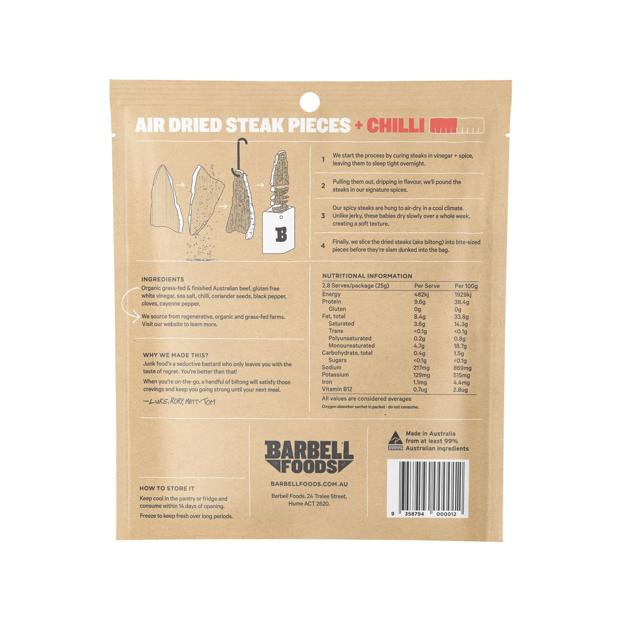 Back of Air Dried Steak - Chilli - 70g - Best Before 29 Jul 2026 by Barbell Foods showing ingredients and nutrition facts.