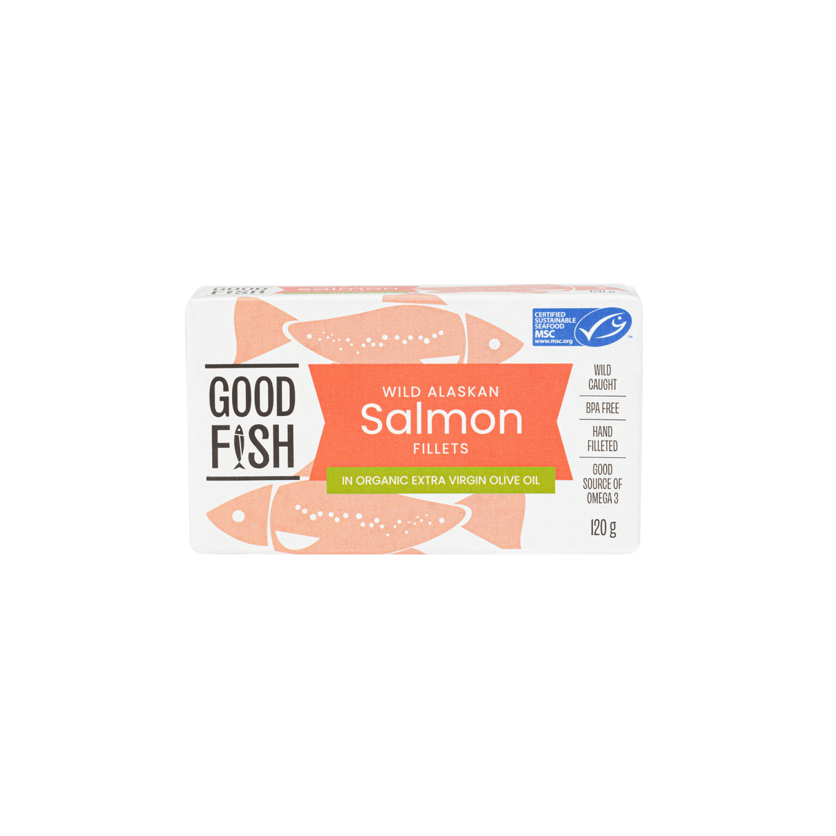 Alaskan Salmon Fillets in Organic Extra Virgin Olive Oil - 120g Can by Good Fish from Seafood and Pantry collections