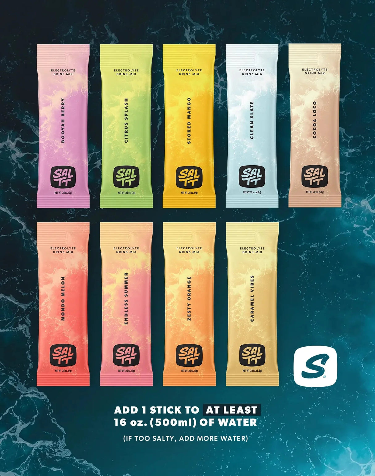 SALTT - Single Stick electrolyte drink mix packets in various flavors on a dark blue marbled background with usage instructions
