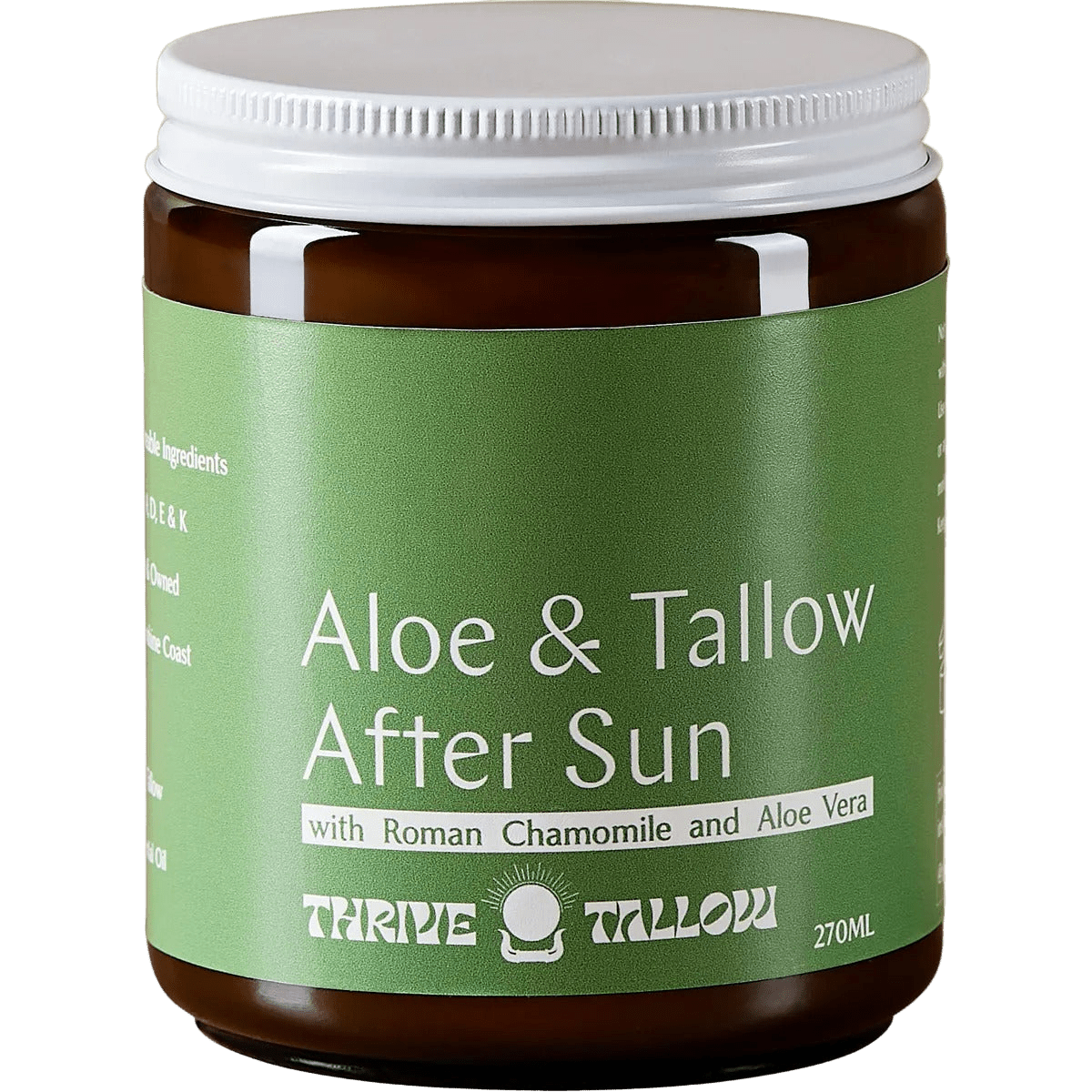 A jar of Aloe & Tallow After Sun Balm - 270ml by Thrive Tallow with chamomile and aloe vera on green label