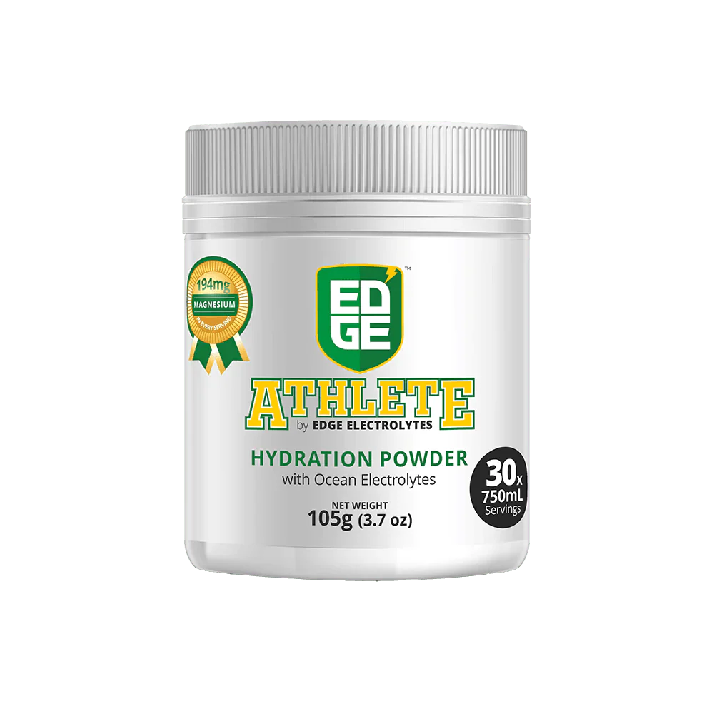 Athlete Hydration Powder - 30 Serves white container by Edge Electrolytes with ocean electrolytes and magnesium badge