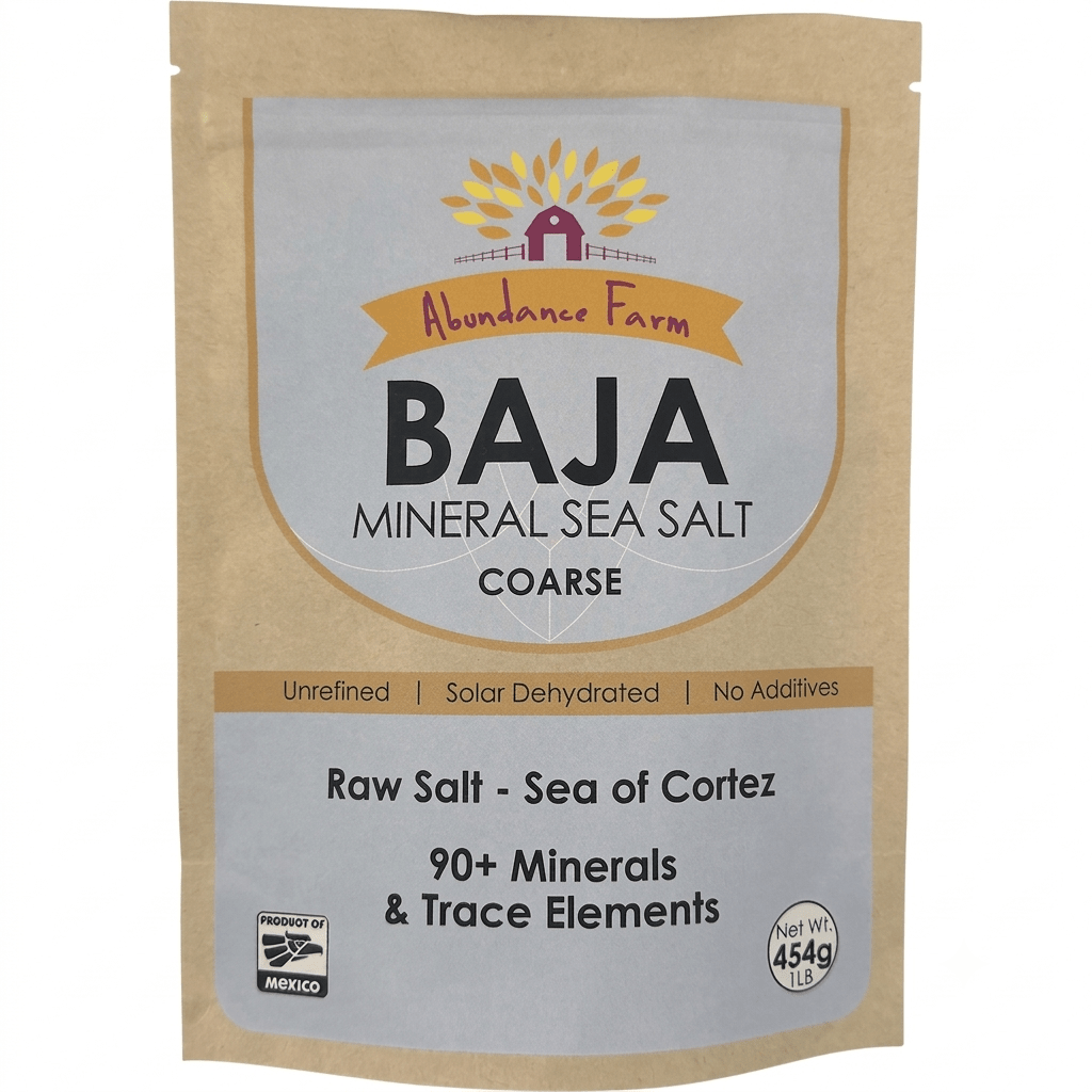 Baja Mineral Sea Salt - Coarse - 454g by Abundance Farm, unrefined raw salt with 90+ minerals from the Sea of Cortez.