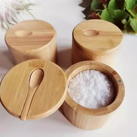 Bamboo Salt Box set with wooden lids and spoons by Salt Cellar, ideal for Carnivore and Salt & Spice collections.