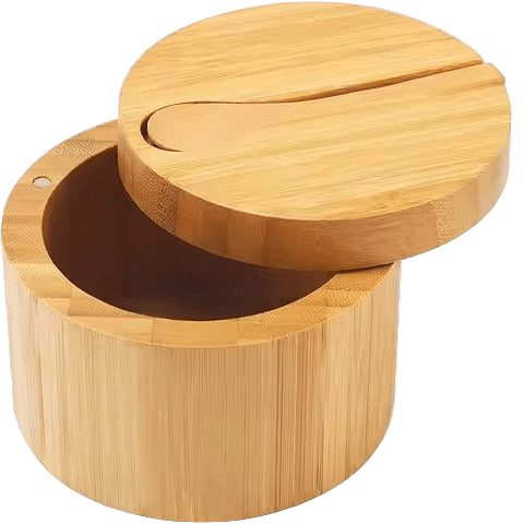 Bamboo Salt Box with sliding lid in natural wood finish, designed for Salt Cellar's Salt Boxes and Salt Accessories collections.