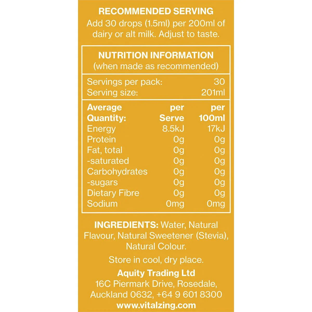 Nutrition facts and ingredients panel for Banana MilkDrops - 40ml by Vitalzing with serving and storage details.