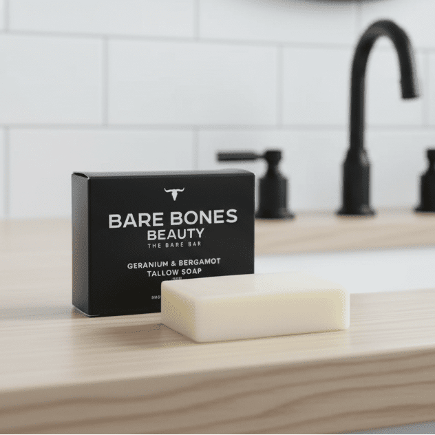 Bare Bar - Geranium & Bergamot Tallow Soap - 90g by Bare Bones Beauty displayed with black box on wooden vanity.