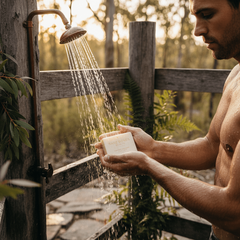 Man washing hands with Bare Bar - Geranium & Bergamot Tallow Soap - 90g outdoors near rustic wooden shower setup by Bare Bones Beauty
