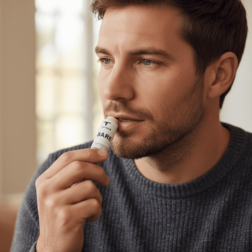 Man applying Bare Lip Balm - 7g by Bare Bones Beauty, showcasing natural skincare from Body & Beauty collection.
