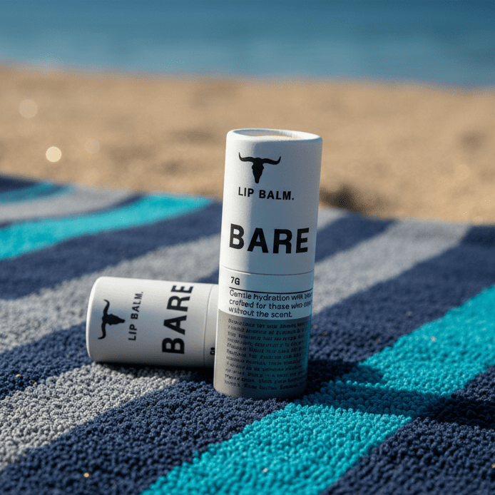 Bare Lip Balm on beach towel with bright morning light