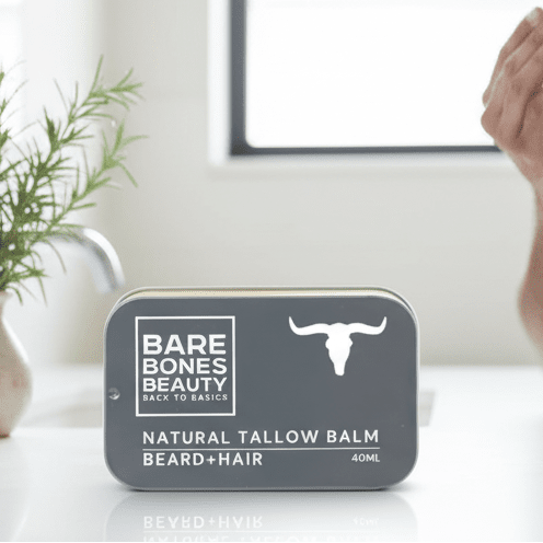 Beard Tallow Balm - 40ml by Bare Bones Beauty in a metal tin, promoting natural care for beard and hair.