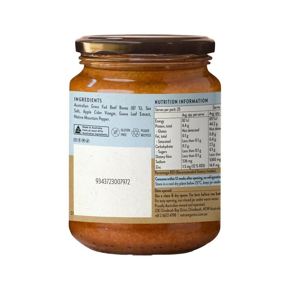 Beef Bone Broth Concentrate - Natural - 250g jar by Nutra Organics with nutrition facts and ingredient list visible