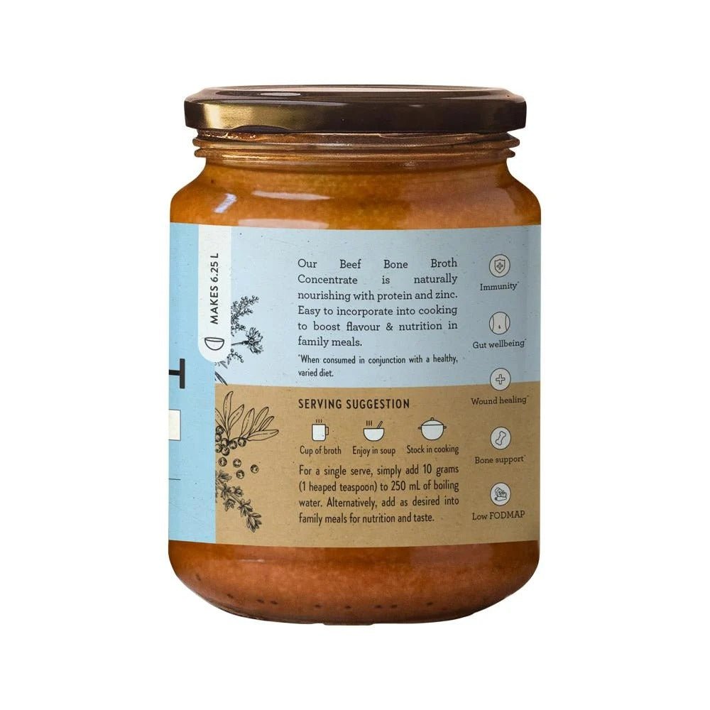 Beef Bone Broth Concentrate - Natural - 250g by Nutra Organics in glass jar with nutritional and serving information label