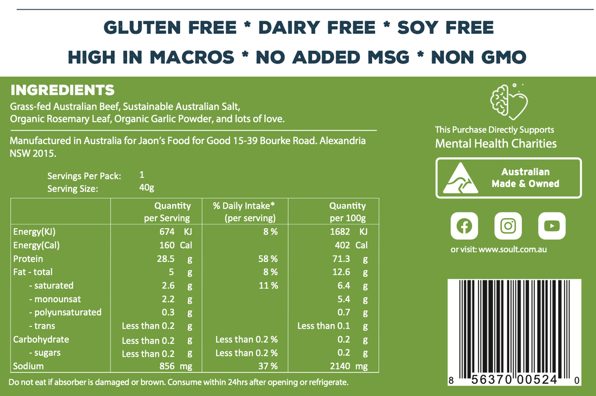 Back label of Beef Chips - Rosemary & Garlic - 40g - Best Before 17 Apr 2026 with ingredients and nutrition info by Jason's Food For Good