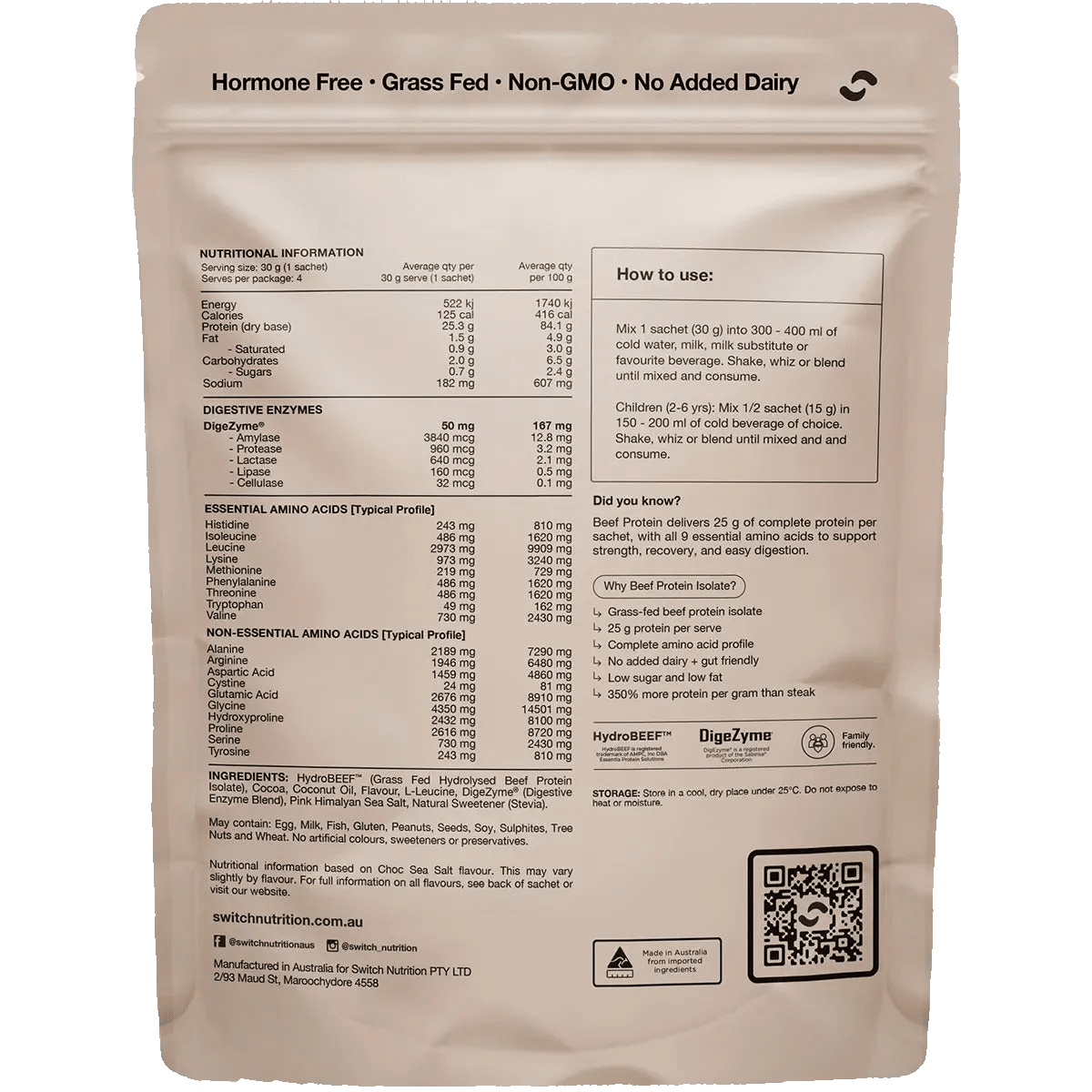 Beef Protein Isolate Sample Pouch 30g x4 by Switch Nutrition showing nutrition, usage instructions, and product benefits on packaging.