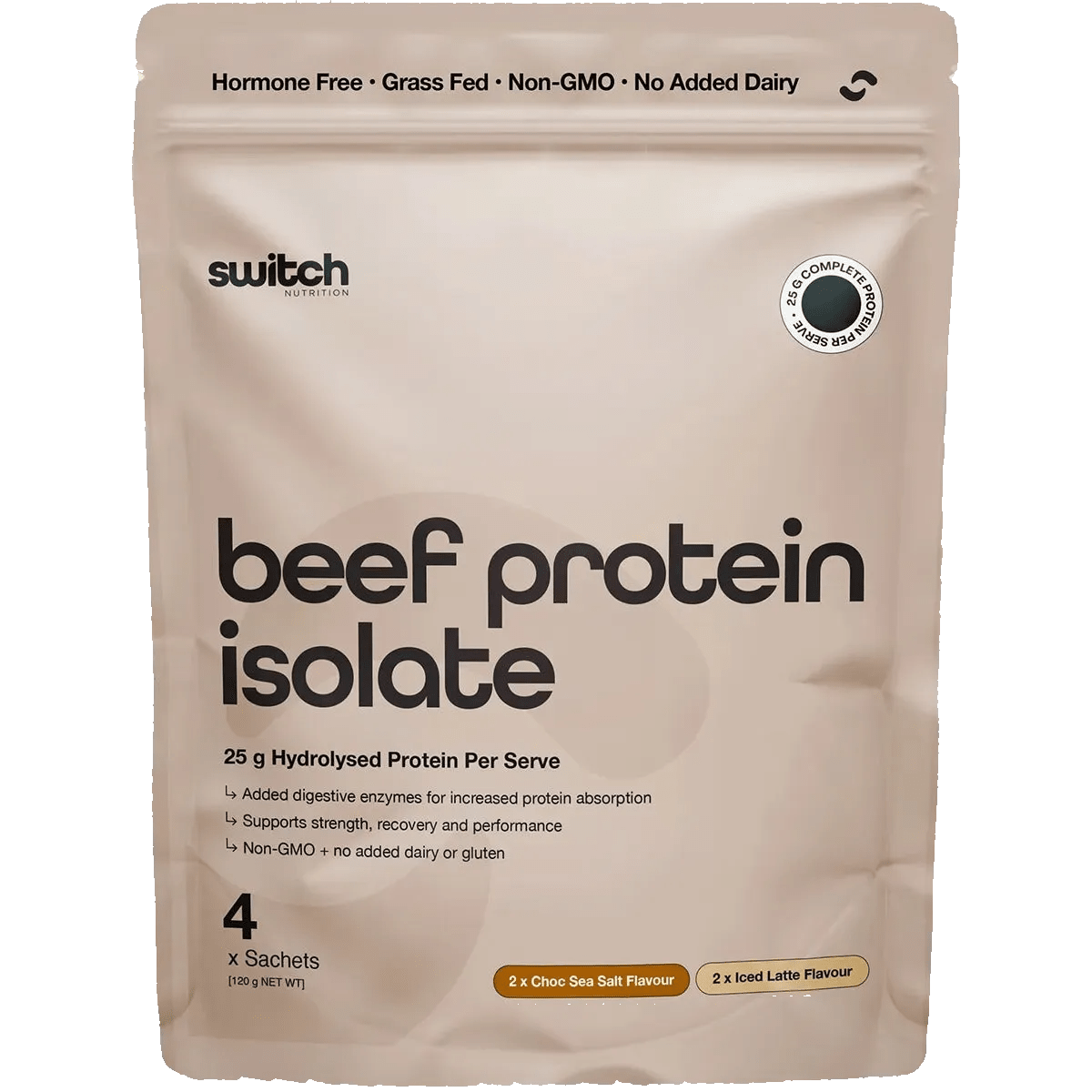 Beef Protein Isolate Sample Pouch 30g x4 by Switch Nutrition with 4 sachets, non-GMO, hormone-free, supports recovery and performance