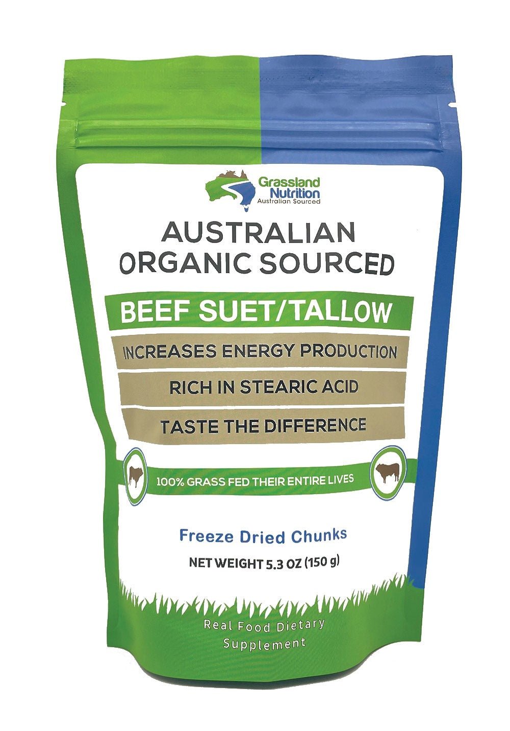 Beef Suet/ Tallow - 150g Australian organic sourced freeze-dried chunks by Grassland Nutrition in resealable pouch