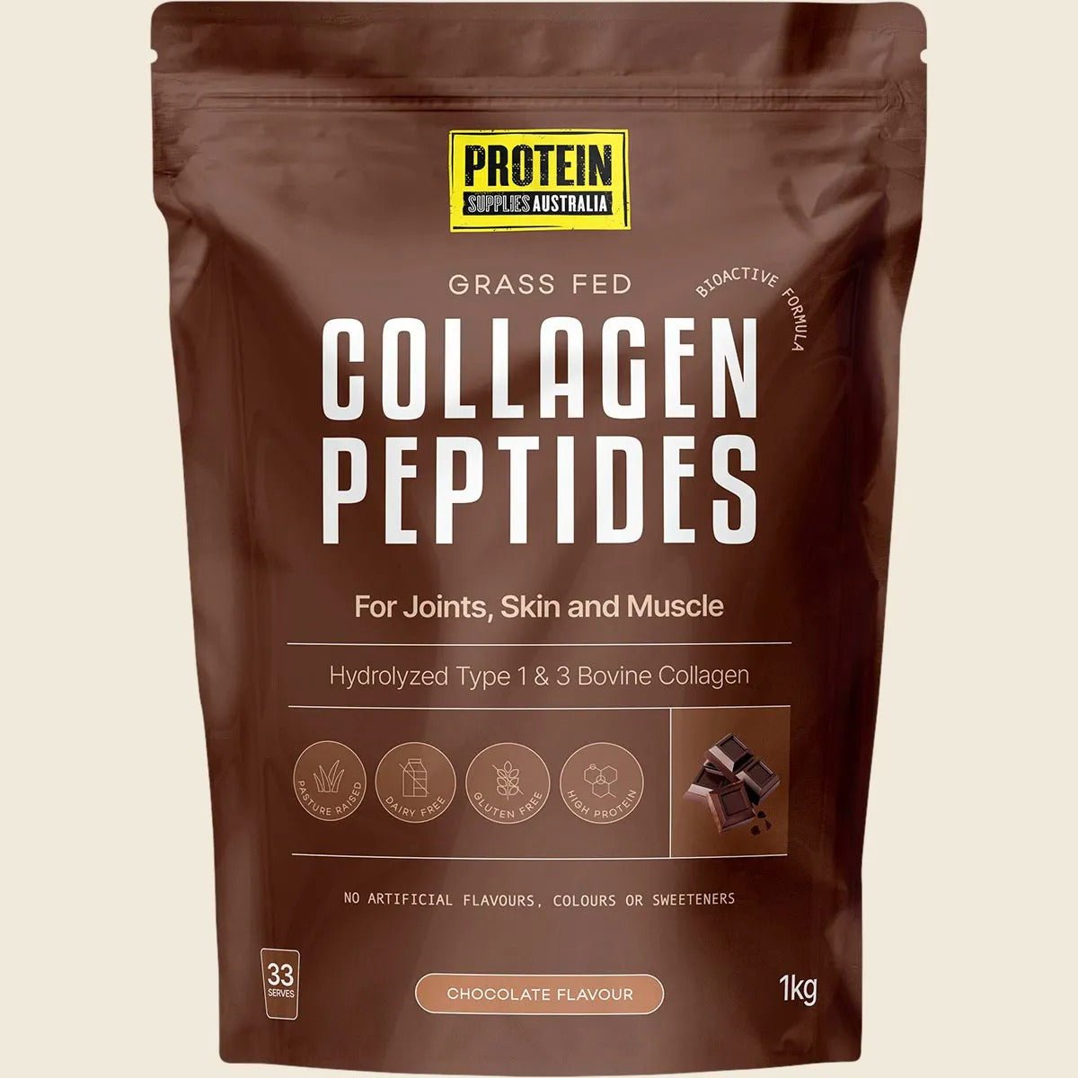 Protein Supplies Australia Grass Fed Collagen Peptides - Chocolate - 1kg with hydrolyzed bovine collagen, chocolate flavor, and clean formula.