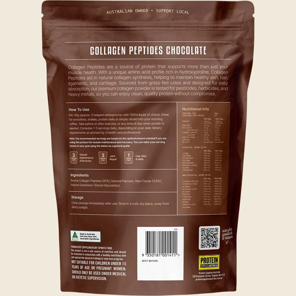 Back of Grass Fed Collagen Peptides - Chocolate - 1kg packaging by Protein Supplies Australia showing product details, usage, and nutrition.