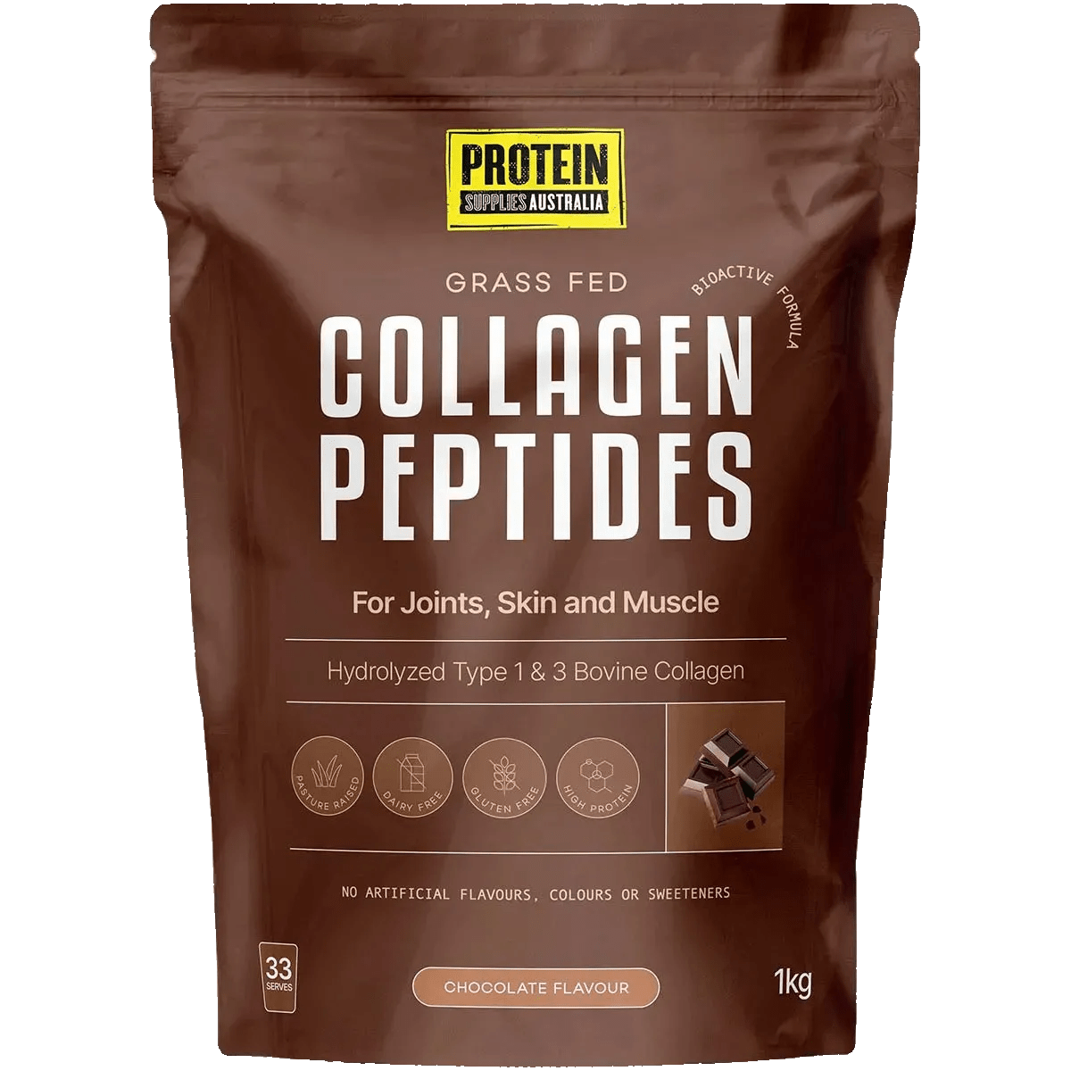Grass Fed Collagen Peptides - Chocolate - 1kg by Protein Supplies Australia in brown resealable pouch packaging