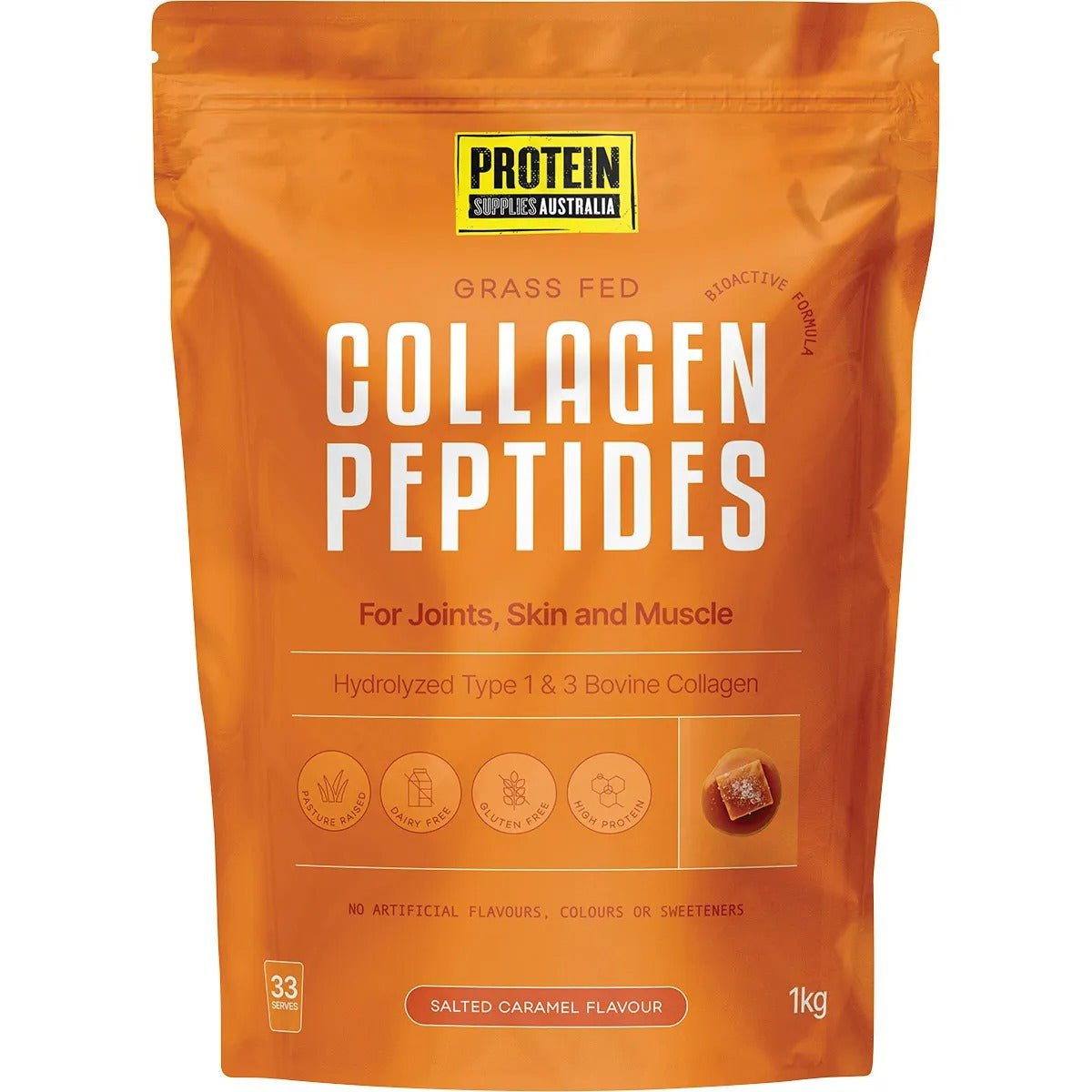 Grass Fed Collagen Peptides - Salted Caramel - 1kg by Protein Supplies Australia in orange resealable pouch packaging