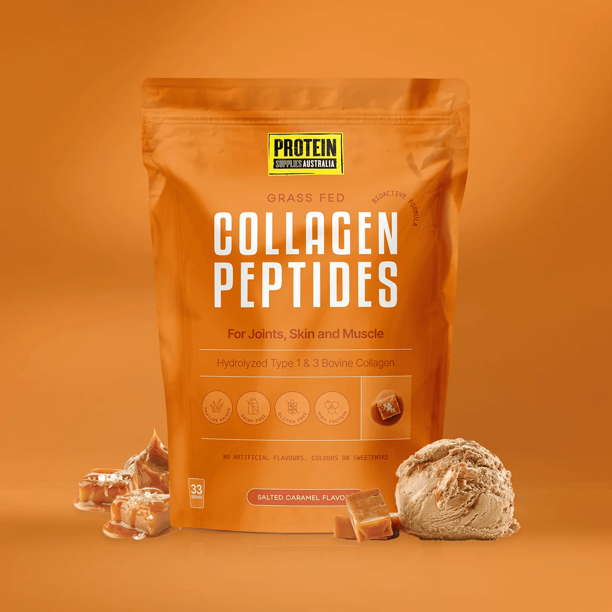 Protein Supplies Australia Grass Fed Collagen Peptides - Salted Caramel - 1kg pouch with caramel and ice cream, in Collagen Powder collection.