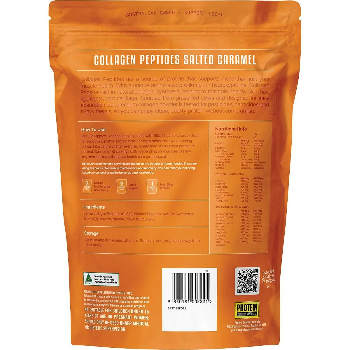 Back of Grass Fed Collagen Peptides - Salted Caramel - 1kg packaging by Protein Supplies Australia showing usage, ingredients, and nutrition info.